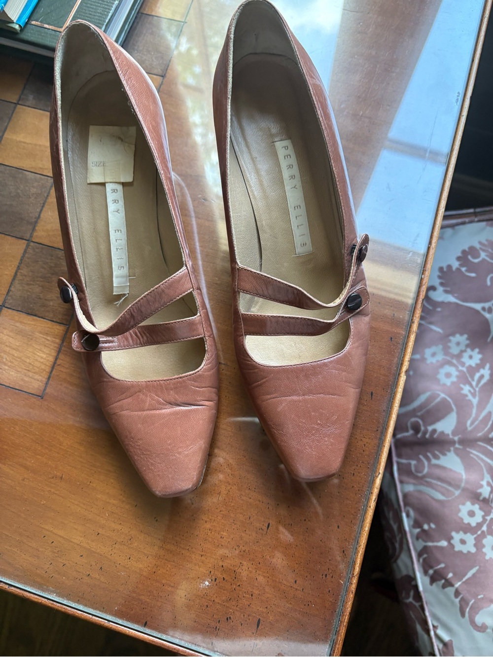 Perry Ellis Women’s Tan Brown Leather Mary Jane Heels
